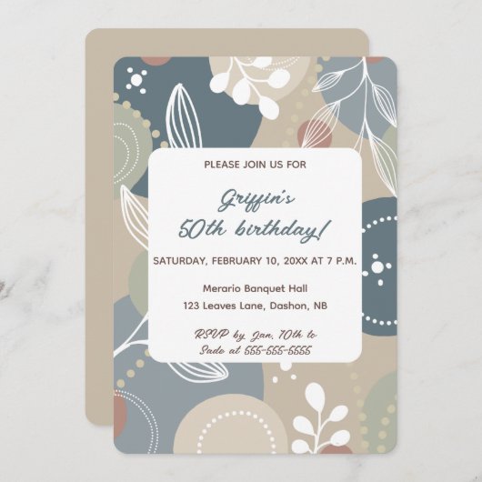 Bewerkbare Abstracte Blauwe en Beige Bladeren Verj Kaart (Voorkant / Achterkant)