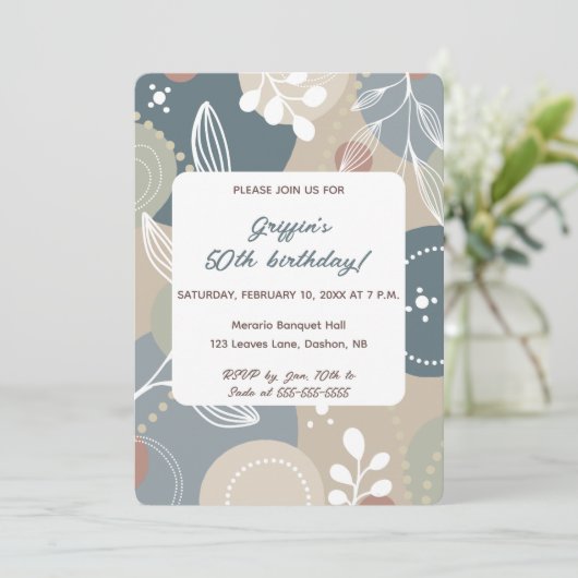 Bewerkbare Abstracte Blauwe en Beige Bladeren Verj Kaart (Staand voorkant)