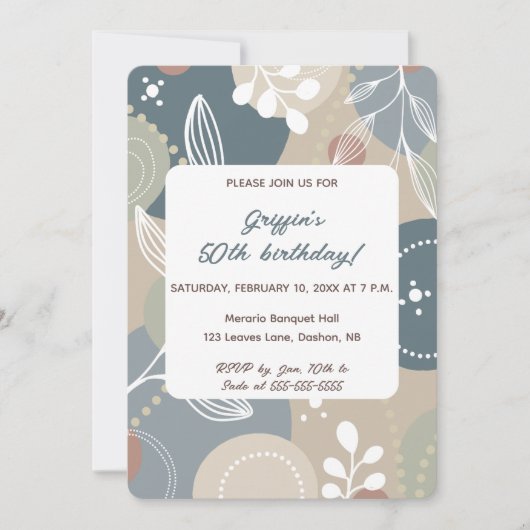 Bewerkbare Abstracte Blauwe en Beige Bladeren Verj Kaart (Voorkant)