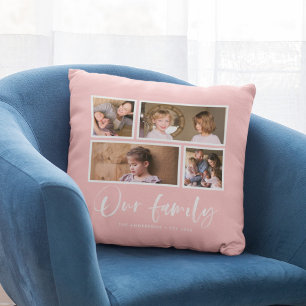 Bewerkbare achtergrondkleur onze familiefotocollag kussen