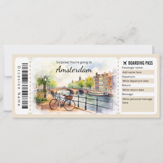 Bewerkbare Amsterdam Boarding Pass Vliegticket Kaart (Voorkant)