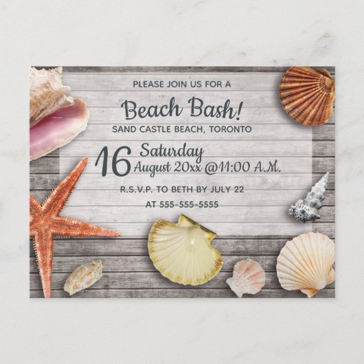 Bewerkbare Beach Bash Shells Party Uitnodiging Briefkaart (Voorkant)