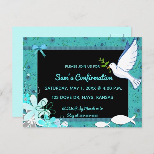 Bewerkbare bevestiging van duif en vis uitnodiging briefkaart (Voorkant / Achterkant)