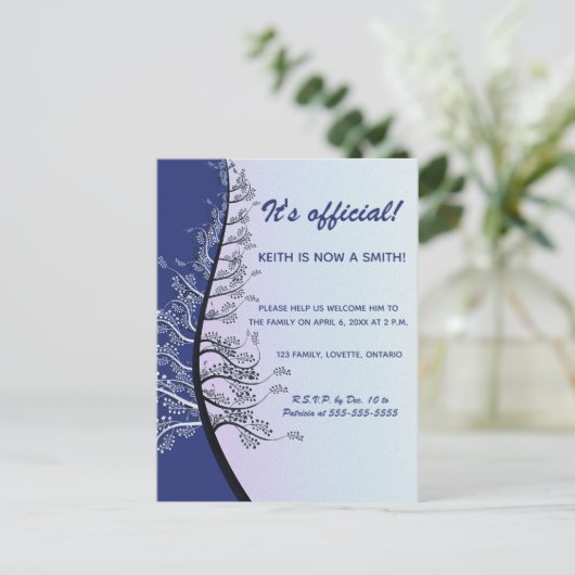 Bewerkbare blauwe stamboom adoptieviering uitnodiging briefkaart (Staand voorkant)
