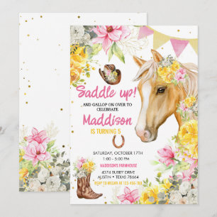 Bewerkbare Bloemen Cowgirl Paard Verjaardag Kaart