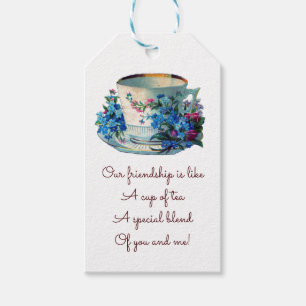 Bewerkbare bloemen en beker met gouden velg theeza cadeaulabel