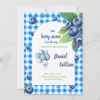 Bewerkbare Blue Gingham Charming Berry Green Leave Kaart