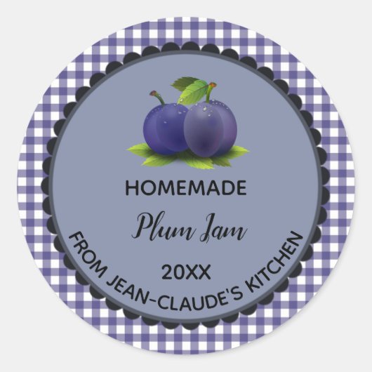 Bewerkbare Blue Gingham Plum Jam Label Stickers (Voorkant)