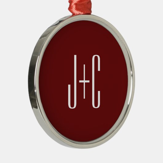 Bewerkbare bordeaux rode achtergrond & witte tekst metalen ornament (Rechts)