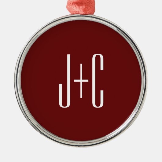 Bewerkbare bordeaux rode achtergrond & witte tekst metalen ornament (Voorkant)