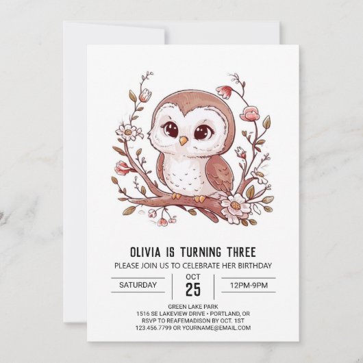 Bewerkbare Bossen Digitale Uil Verjaardag Kaart (Voorkant)