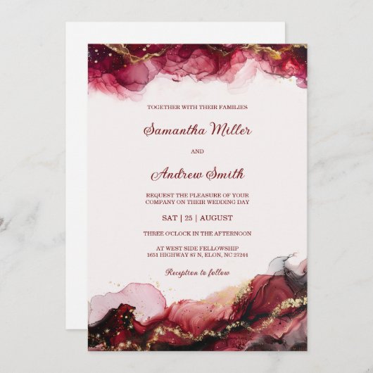 Bewerkbare Bourgogne en gouden bruiloft Sjabloon Kaart (Voorkant / Achterkant)