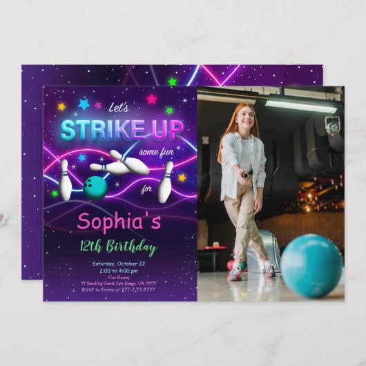 Bewerkbare bowling foto uitnodiging (Voorkant / Achterkant)