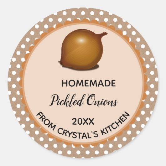 Bewerkbare bruine polka dot ingelegde uien etikett ronde sticker (Voorkant)