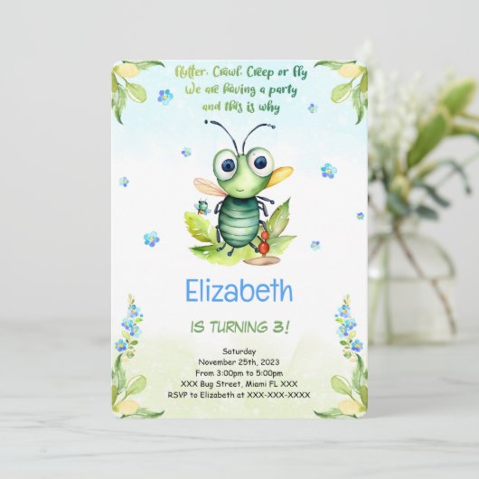 Bewerkbare Bug Verjaardag Kaart (Staand voorkant)