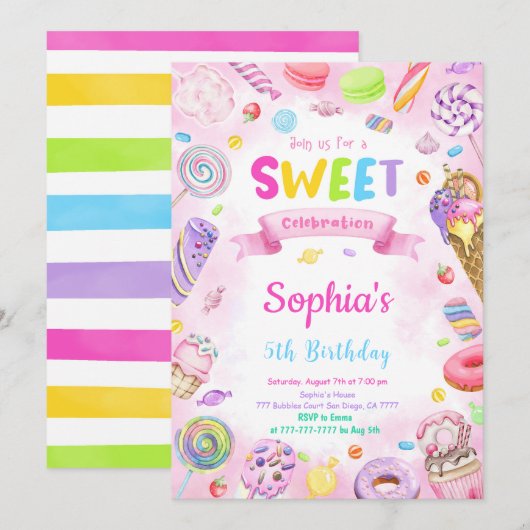 Bewerkbare Candy Verjaardagsuitnodiging Kaart (Voorkant / Achterkant)