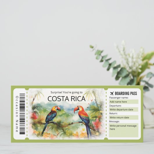 Bewerkbare Costa Rica Vliegticket Boarding Pass Kaart (Staand voorkant)