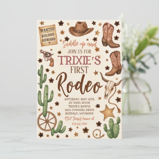 Bewerkbare Cowgirl verjaardagsfeestje uitnodiging (Staand voorkant)
