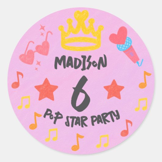 Bewerkbare Crayon Stijl – Pop Star Diva Verjaardag Ronde Sticker (Voorkant)