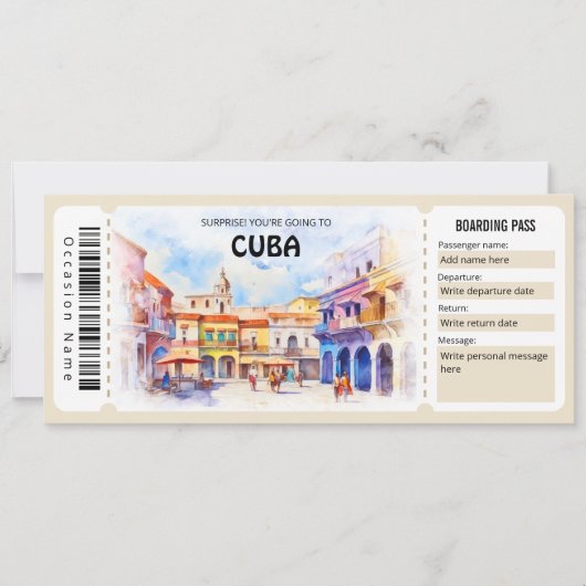 Bewerkbare Cuba Plane Boarding Pass ticket Kaart (Voorkant)