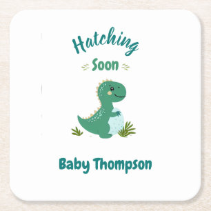 Bewerkbare Dinosaurus Baby Boy Shower Uitkomen Bin Vierkante Kartonnen Onderzetter