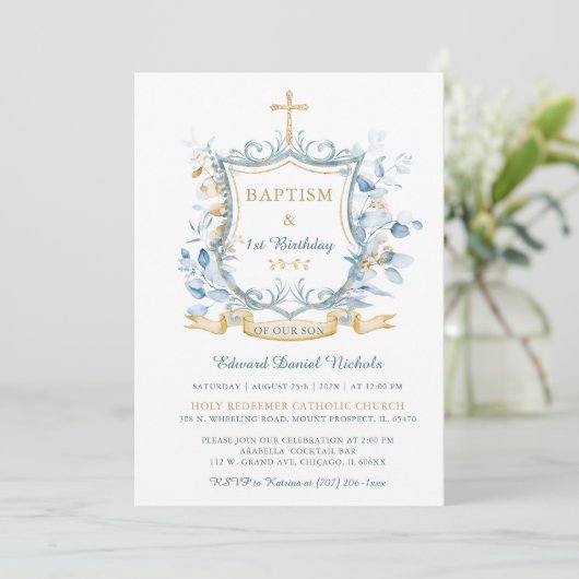 Bewerkbare Doop Blauw en Goud Monogram Kaart (Staand voorkant)