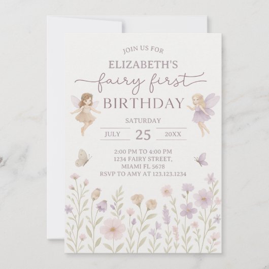 Bewerkbare Fairy First Birthday Invitation Kaart (Voorkant)