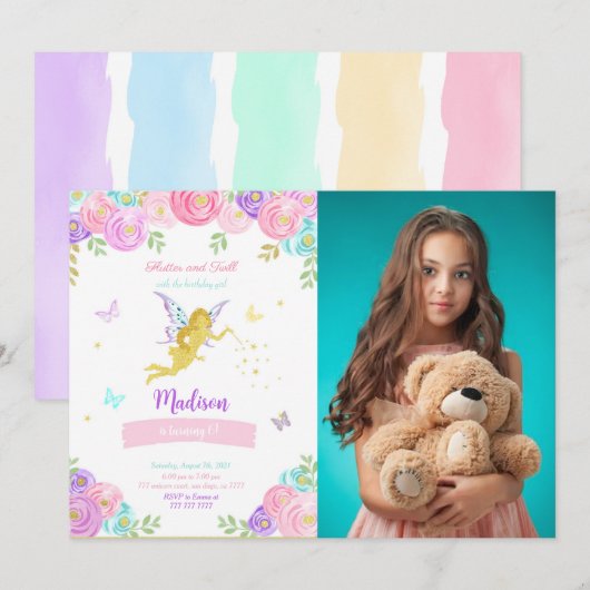 Bewerkbare Fairy Verjaardagsfeestfoto Kaart (Voorkant / Achterkant)