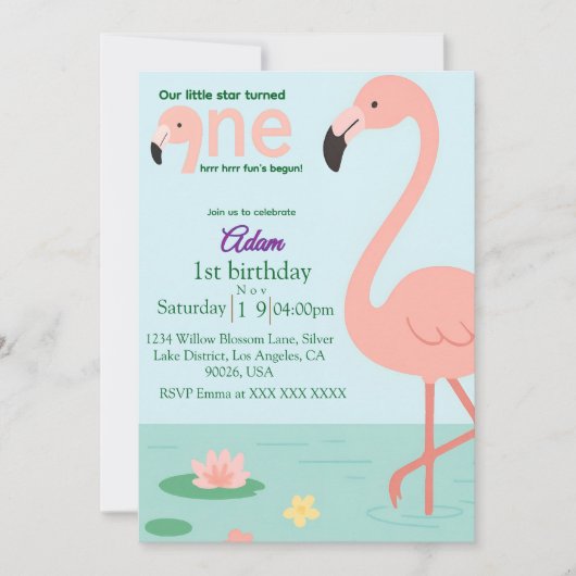 Bewerkbare Flamingo Eerste Verjaardag Uitnodiging (Voorkant)
