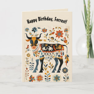 Bewerkbare Folk Art Stier en Bloemen Kaart