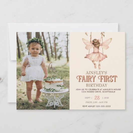 Bewerkbare foto Blush Pink Fairy Eerste 1e verjaar Kaart (Voorkant)