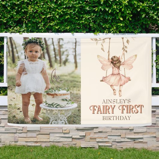 Bewerkbare foto Blush Pink Fairy Eerste 1e verjaar Spandoek