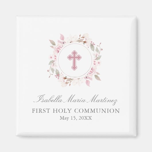 Bewerkbare foto eerste communie roze bloem gunst magneet (Voorkant)