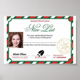 Bewerkbare foto Santa's Nice List Certificaat Poster