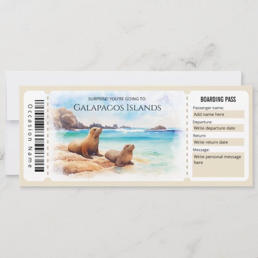 Bewerkbare Galapagos Island Plane Boarding Pass Kaart (Voorkant)