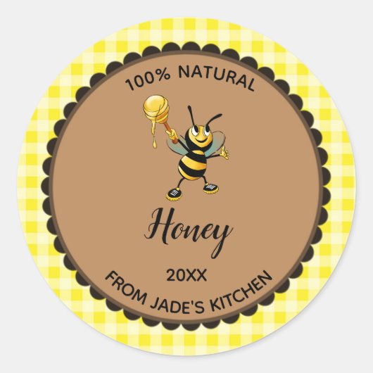 Bewerkbare Geel Gingham Honey Bee Label Stickers (Voorkant)