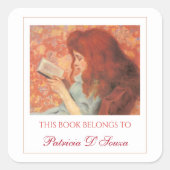 Bewerkbare Girl Reading Bookplaat Vierkante Sticker (Voorkant)