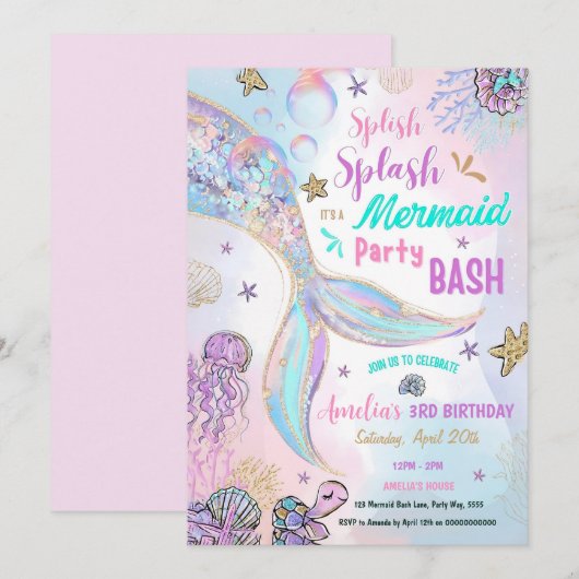 Bewerkbare Glitter Meermin Feest Uitnodiging Zwemb (Voorkant / Achterkant)