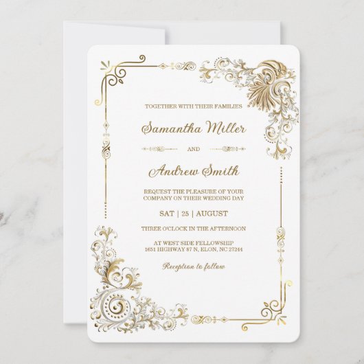 Bewerkbare gouden en witte bruiloft kaart (Voorkant)