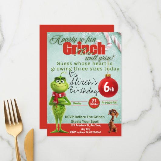 Bewerkbare Grinch verjaardagsuitnodiging Menu (Voorkant / Achterkant in situ)