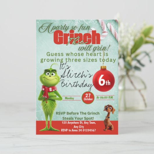 Bewerkbare Grinch verjaardagsuitnodiging Menu (Staand voorkant)