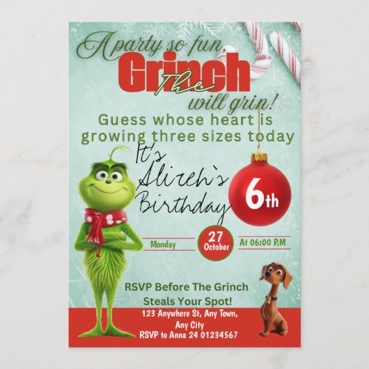 Bewerkbare Grinch verjaardagsuitnodiging Menu (Voorkant)