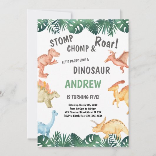 Bewerkbare groene en bruine dinosaurusverjaardag kaart (Voorkant)