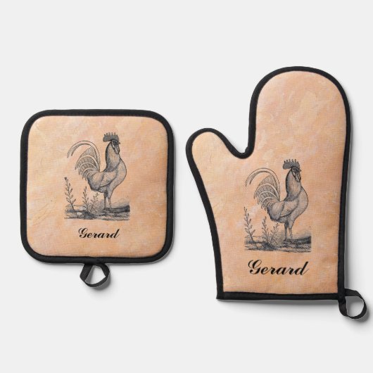 Bewerkbare haan en naam ovenwant & pannenlap set (Voorkant)