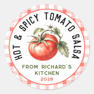 Bewerkbare hete & kruidige tomatensalsa voor inbli ronde sticker