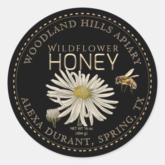 Bewerkbare Honey Jar Bee Wildflower Label Zwart (Voorkant)