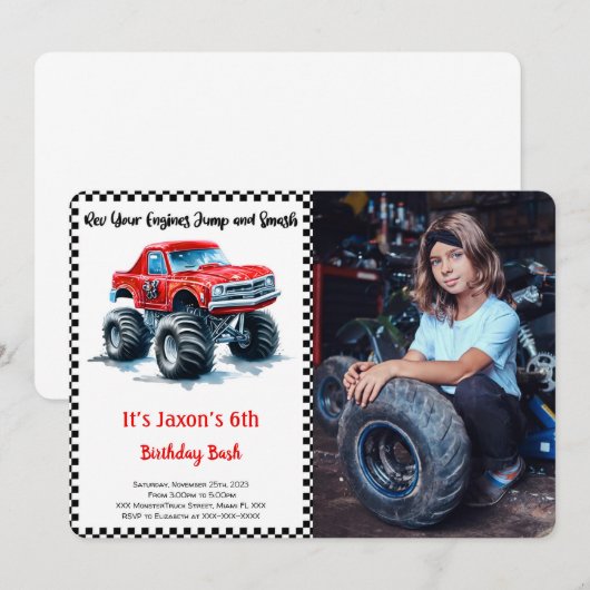 Bewerkbare jongen Monster Truck Verjaardag Foto Kaart (Voorkant / Achterkant)