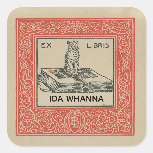 Bewerkbare kat op een boek met rode sierrand vierkante sticker (Voorkant)