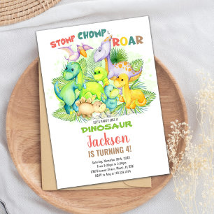Bewerkbare Kinder Party Kaart met T-Rex & Oerwoud