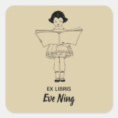 Bewerkbare  klein meisje lezen Bookplate Vierkante Sticker (Voorkant)